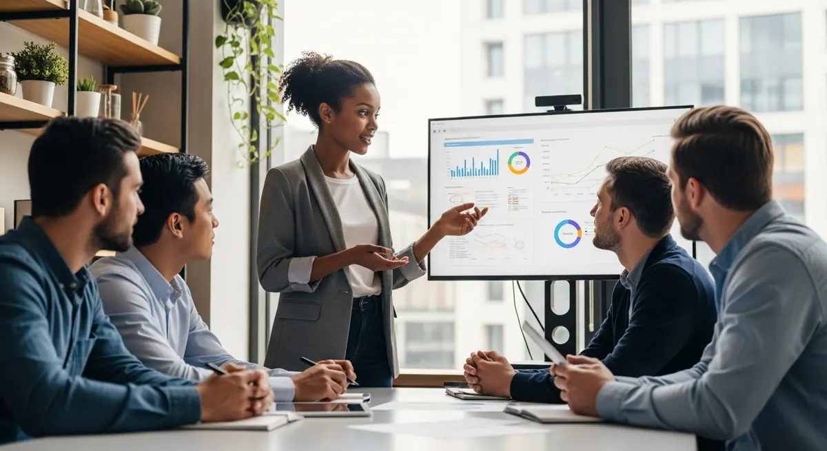 Analyst presenting data to a team